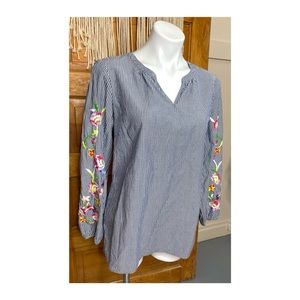 Talbots Blue Striped Blouse with Floral Embroidery